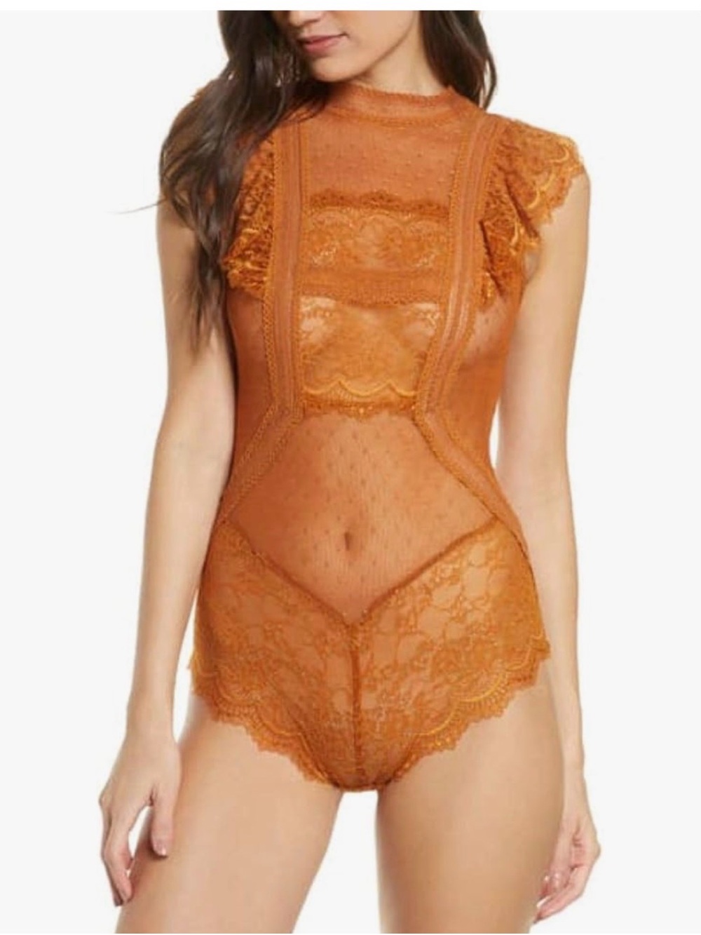Free People Burnt Orange Lace High-Neck Chemise Bodysuit